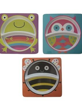 HORIZON Kids Divided Plastic Plate (lot of 3) Bee Cat Frog Colorful